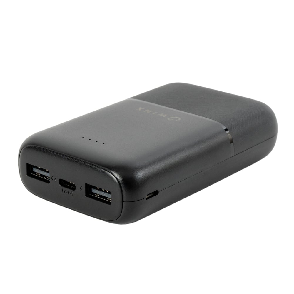 Black power bank with multiple ports on a white background