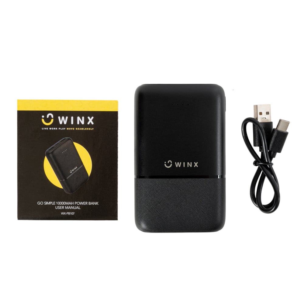 Black power bank with USB cable and Winx branded packaging on a white background