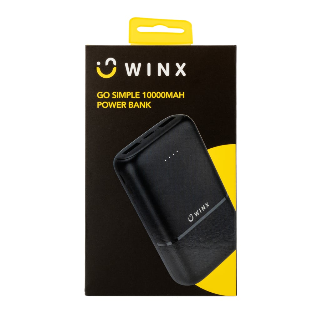 WINX power bank packaging with black power bank and yellow accents on a white background