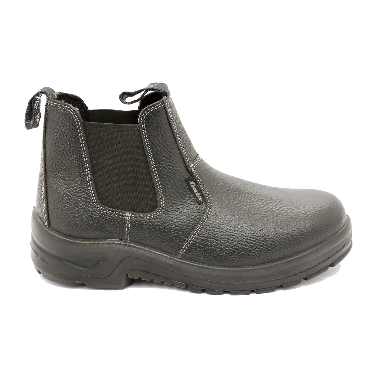 A black, slip-on safety boot with a steel toe cap and a rubber sole.