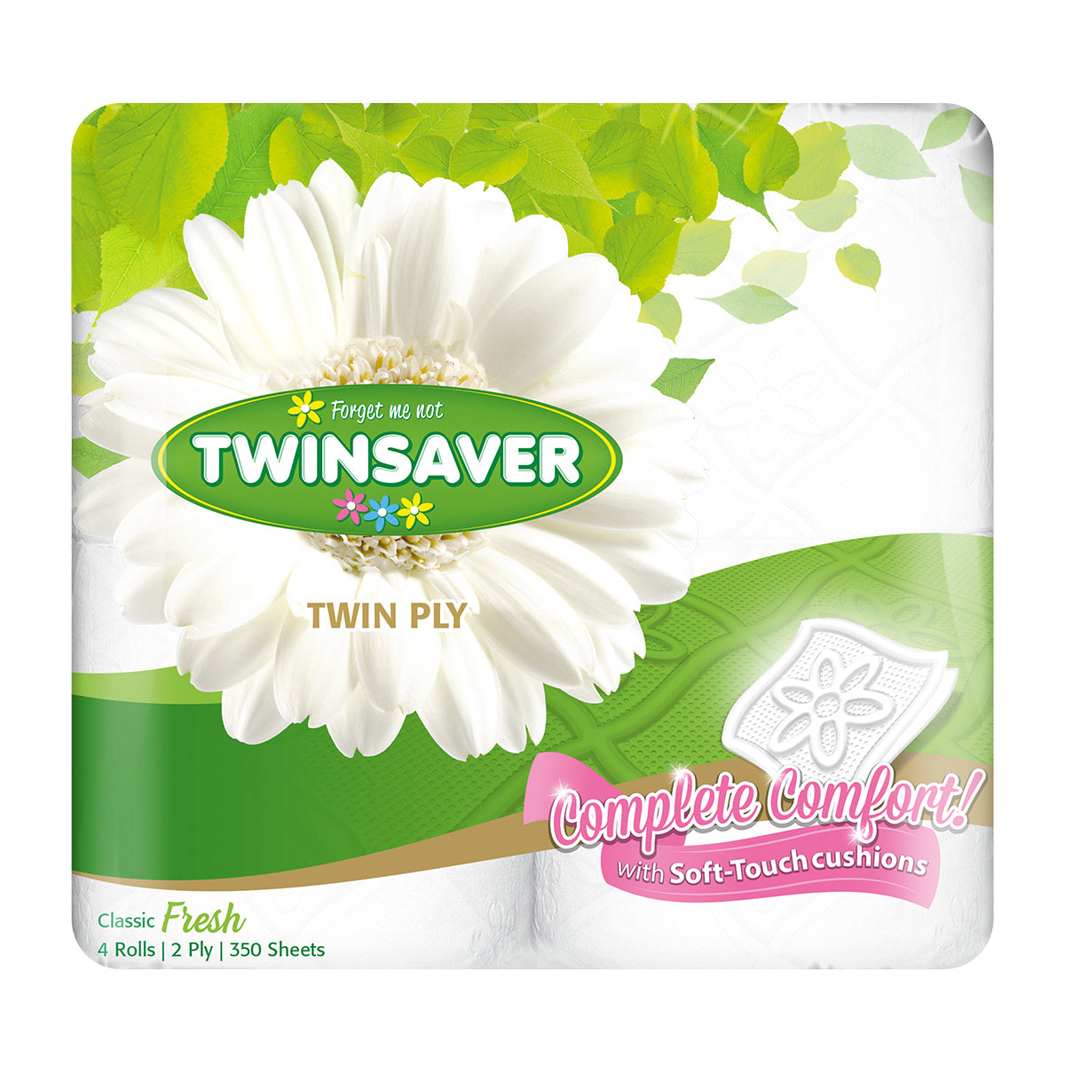 Packaging of Twinsaver Toilet Paper with a floral design and product information