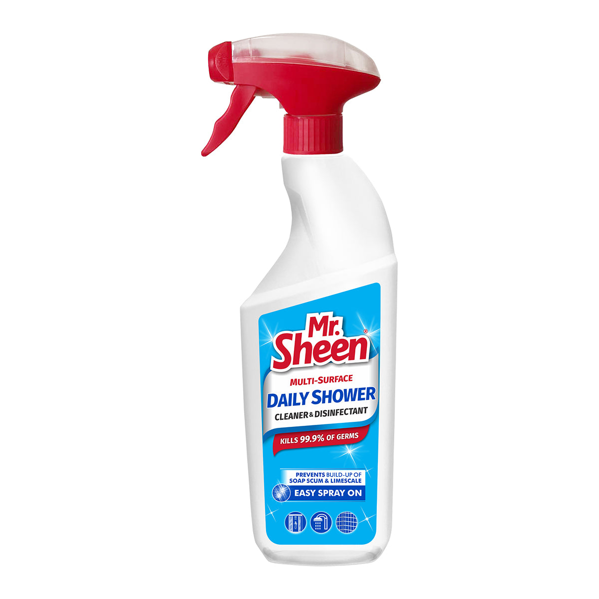A bottle of Mr Sheen Multi-Surface Cleaner & Disinfectant Shower, 500ml with a red spray nozzle.