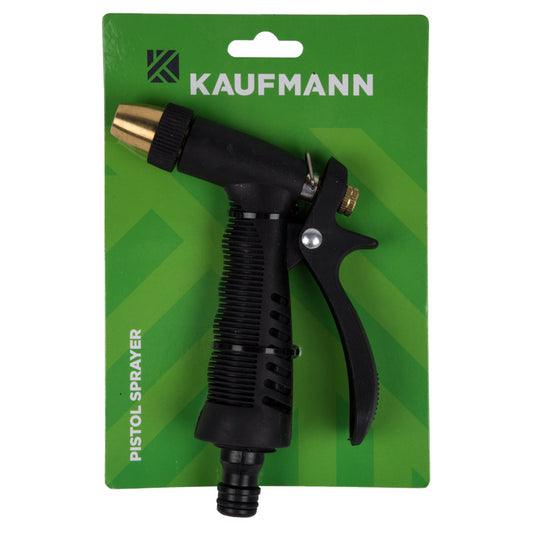 A black and gold Kaufmann metal pistol sprayer with an adjustable nozzle, displayed on a green packaging.