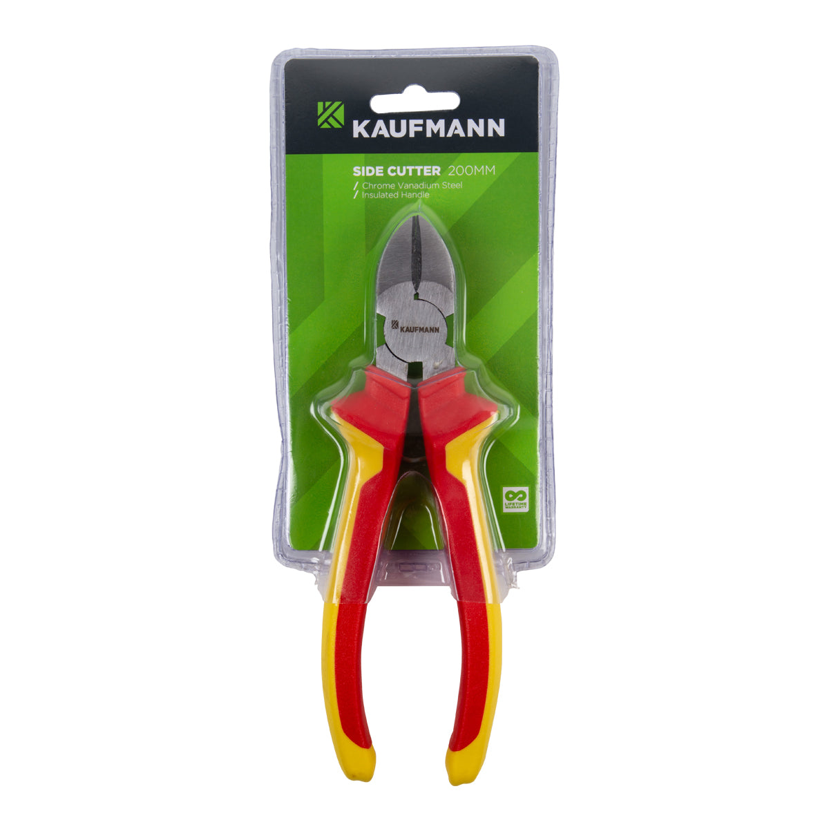Kaufmann X VDE Side Cutter Pliers with red and yellow insulated handles, displayed in its packaging.