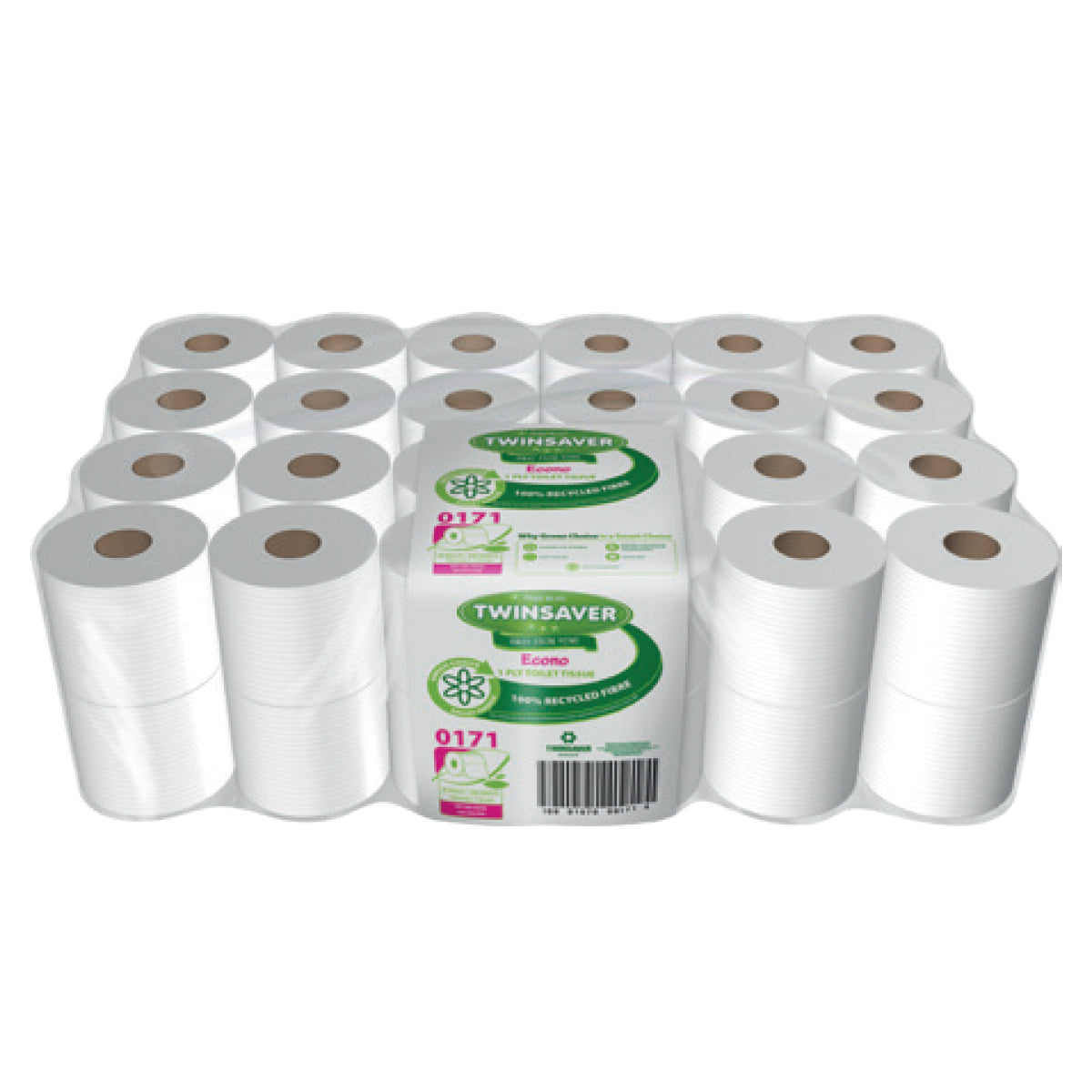 Pack of 48 white 1-ply Twinsaver Econo toilet paper rolls, arranged in eight rows with the brand packaging visible.