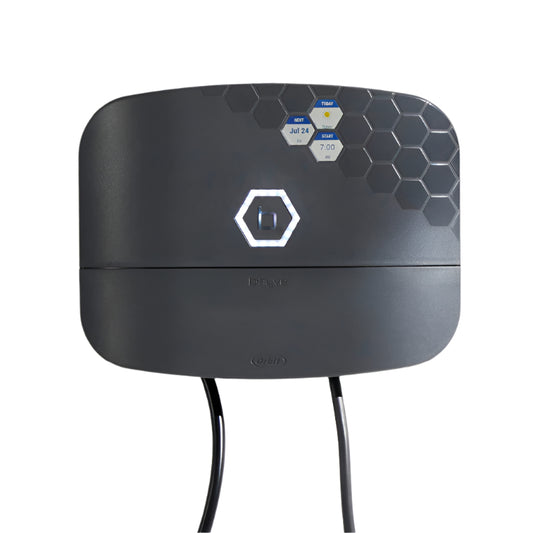 A black Orbit B-Hyve XR Indoor/Outdoor Smart Sprinkler Controller with LED screens and a hexagonal design.