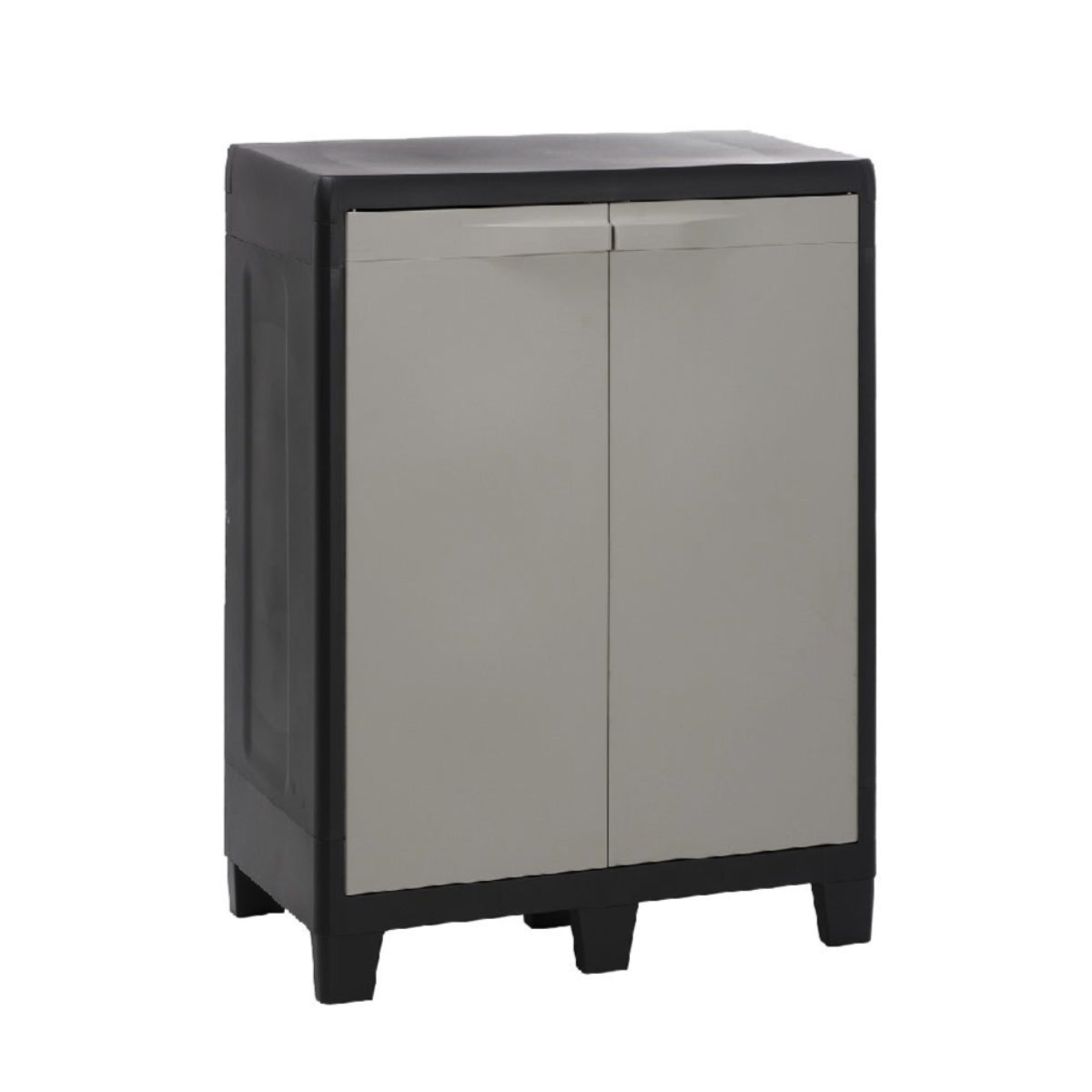Small cabinet with black frame and gray doors on a white background