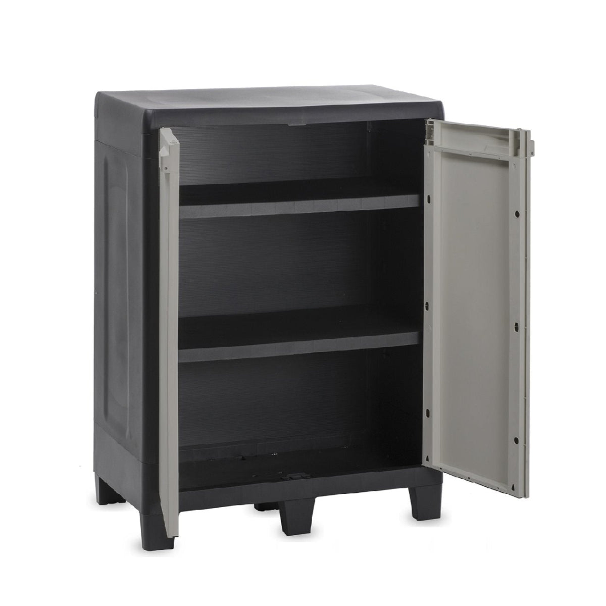 Black storage cabinet with open door on a white background