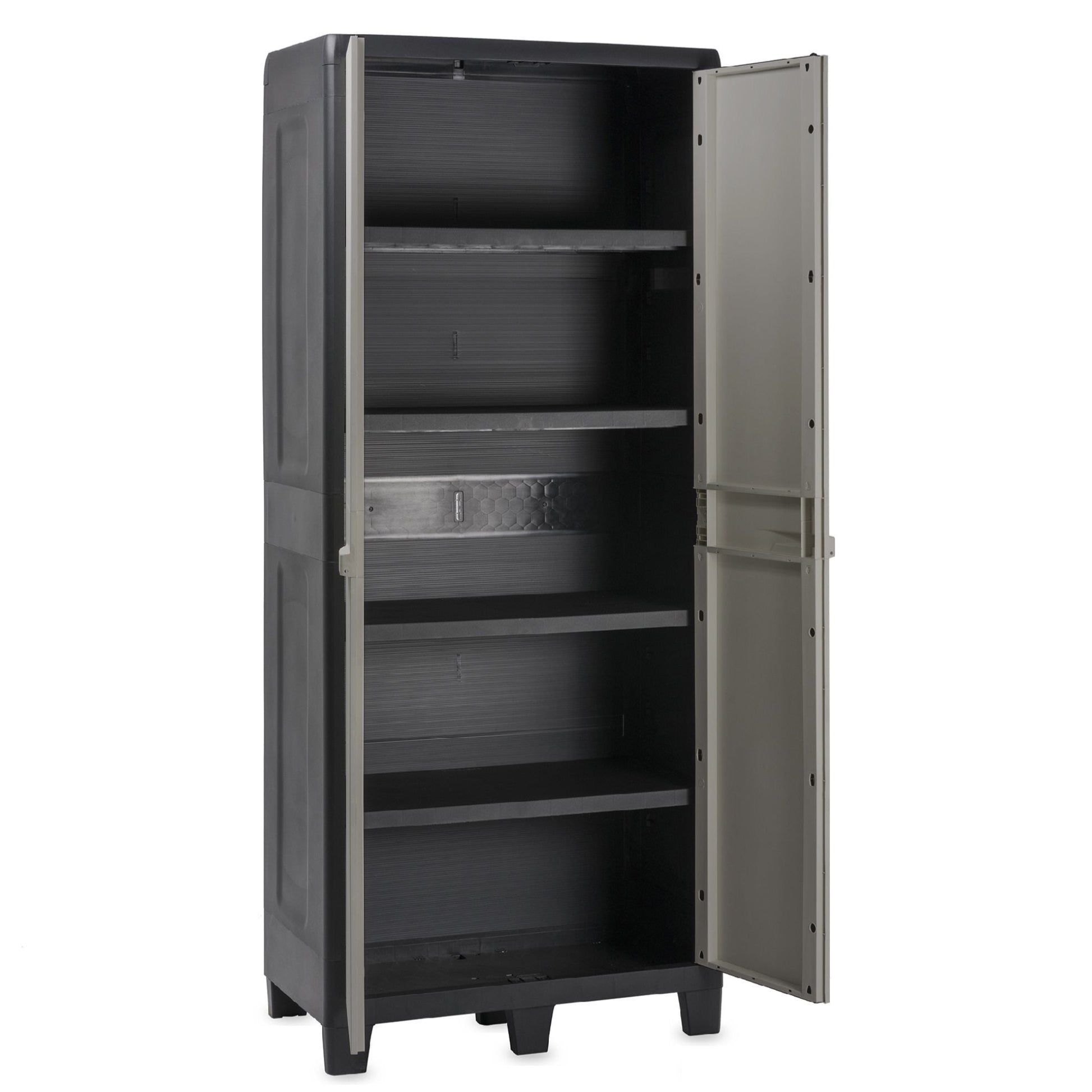 Black storage cabinet with open door on a white background