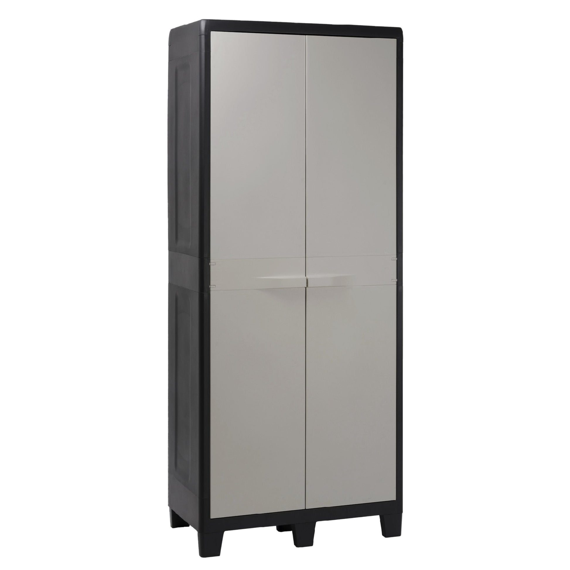 Tall gray cabinet with black base on a white background