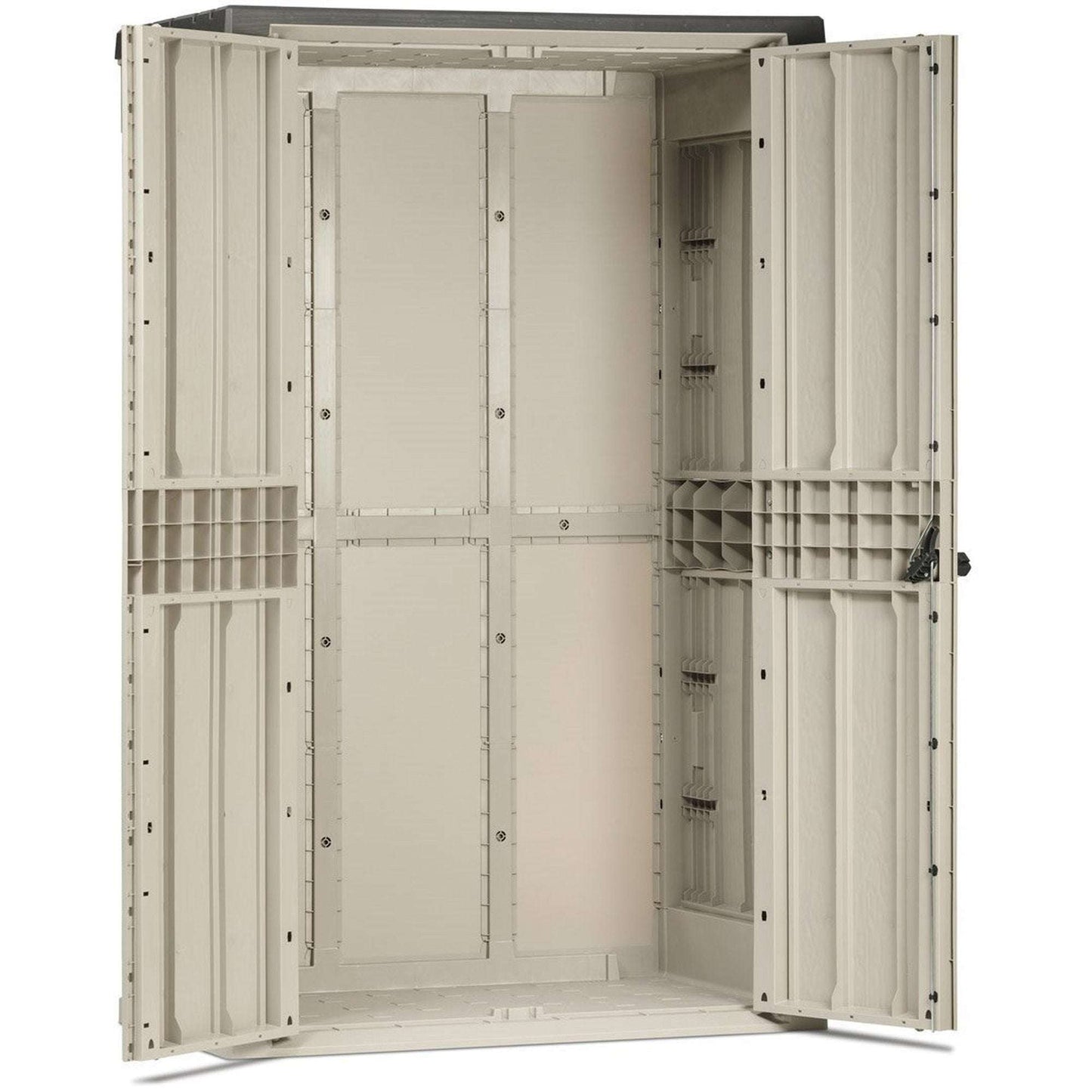 Beige storage cabinet with open doors on a white background