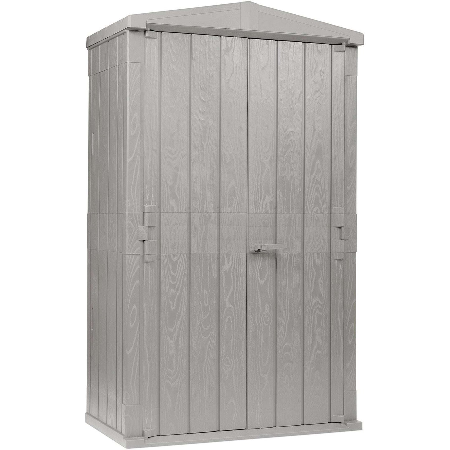 Gray outdoor storage shed with a slanted roof on a white background