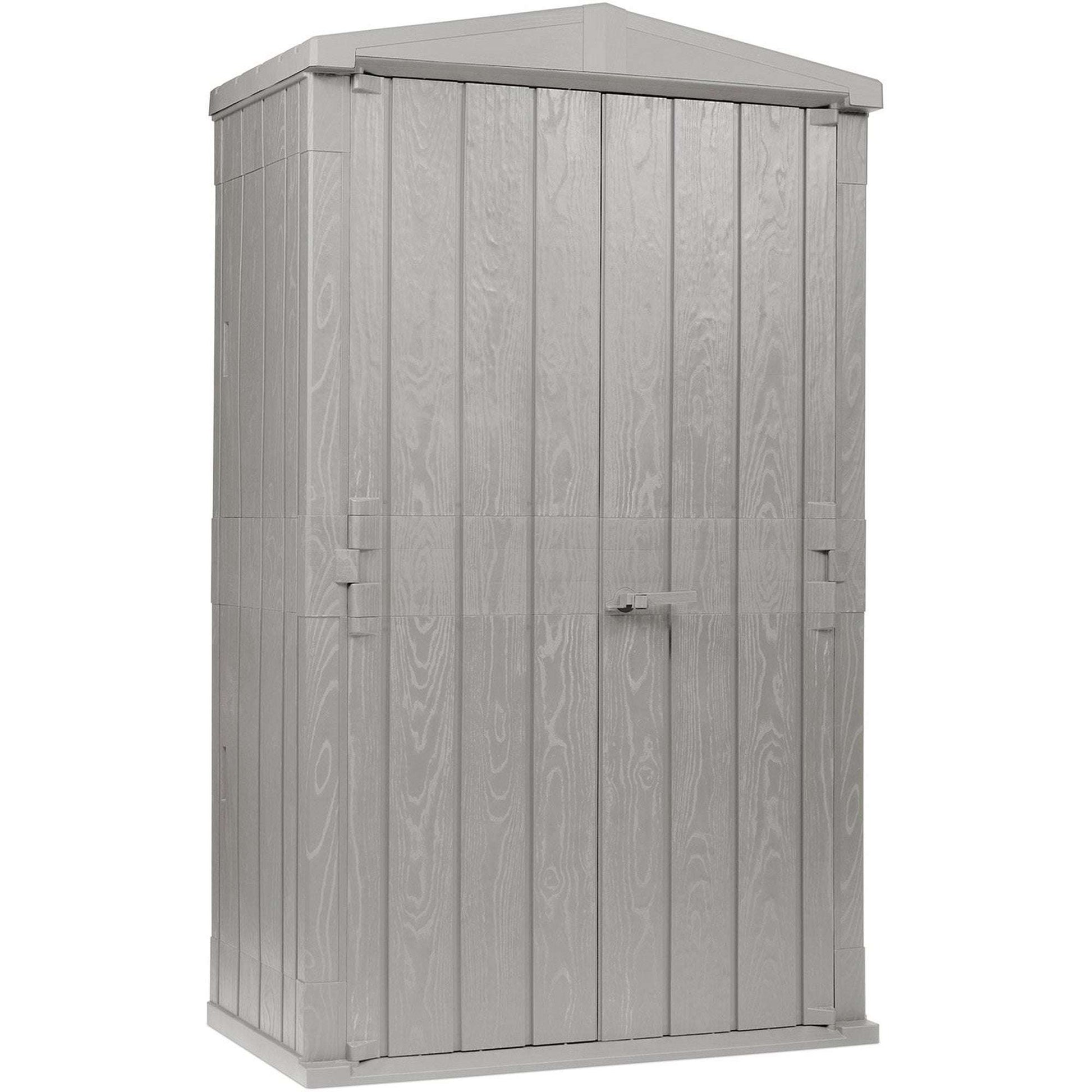 Gray outdoor storage shed with a slanted roof on a white background