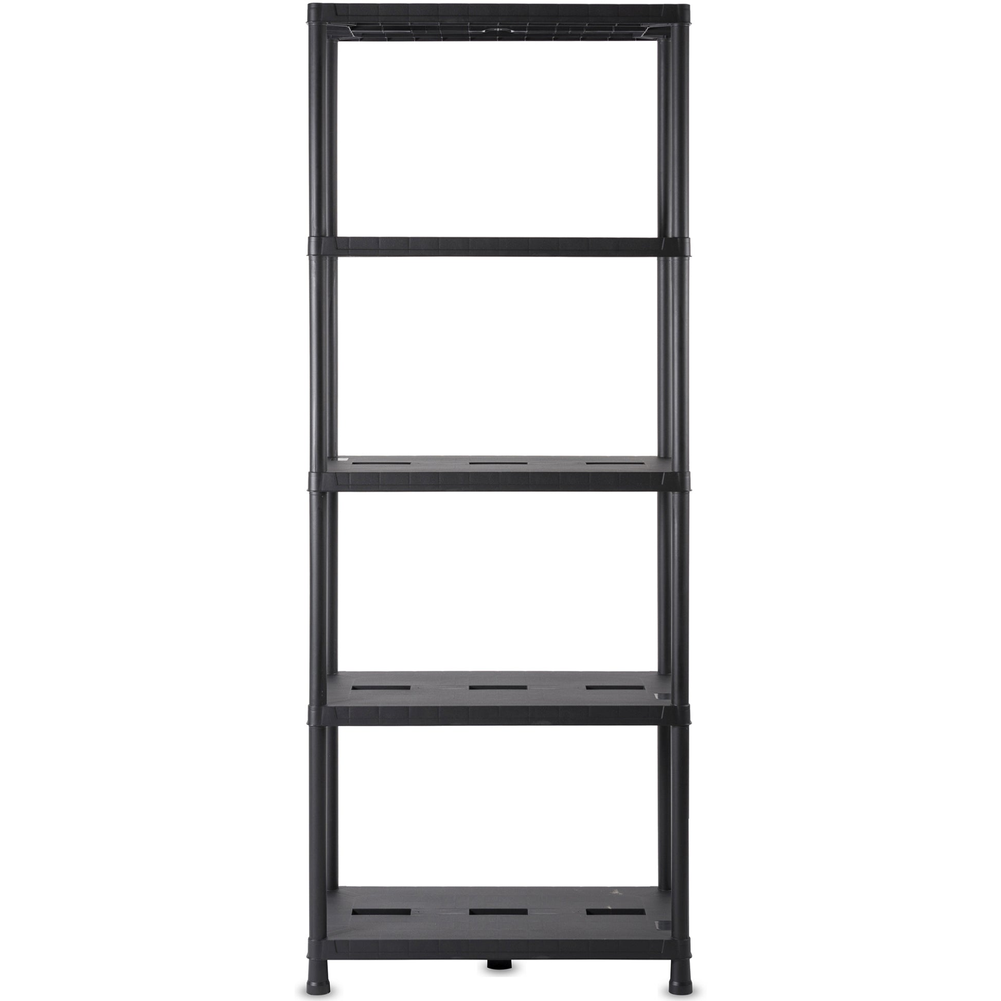 Black shelf with five tiers on a white background