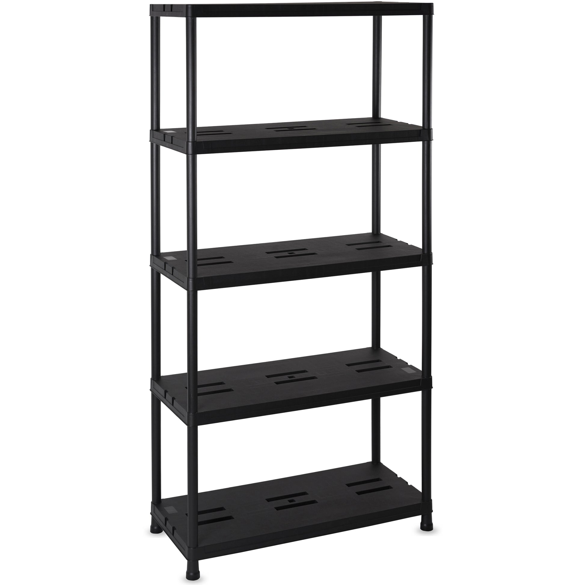 Black metal shelving unit with five shelves on a white background