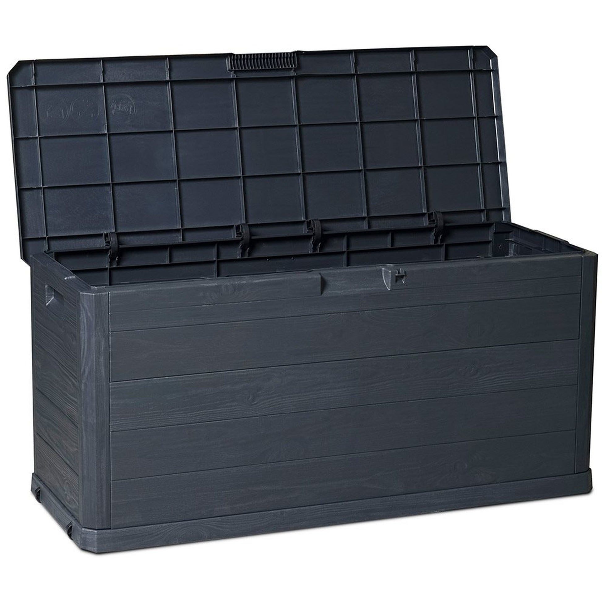 Black storage box with lid on a white background