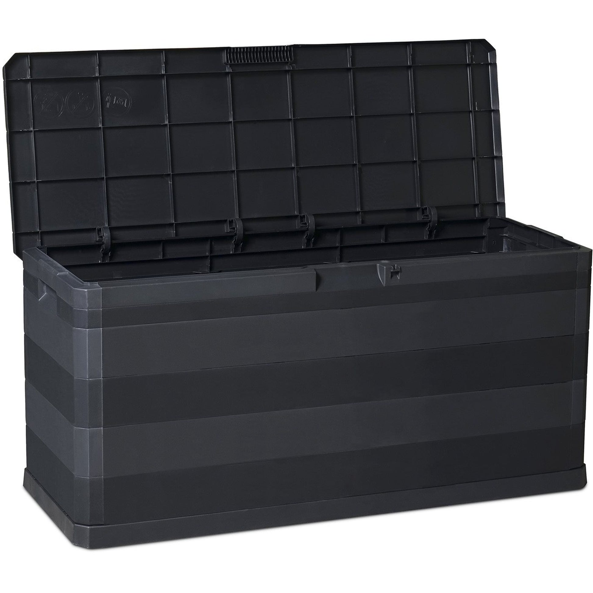 Black storage box with a lid on a white background