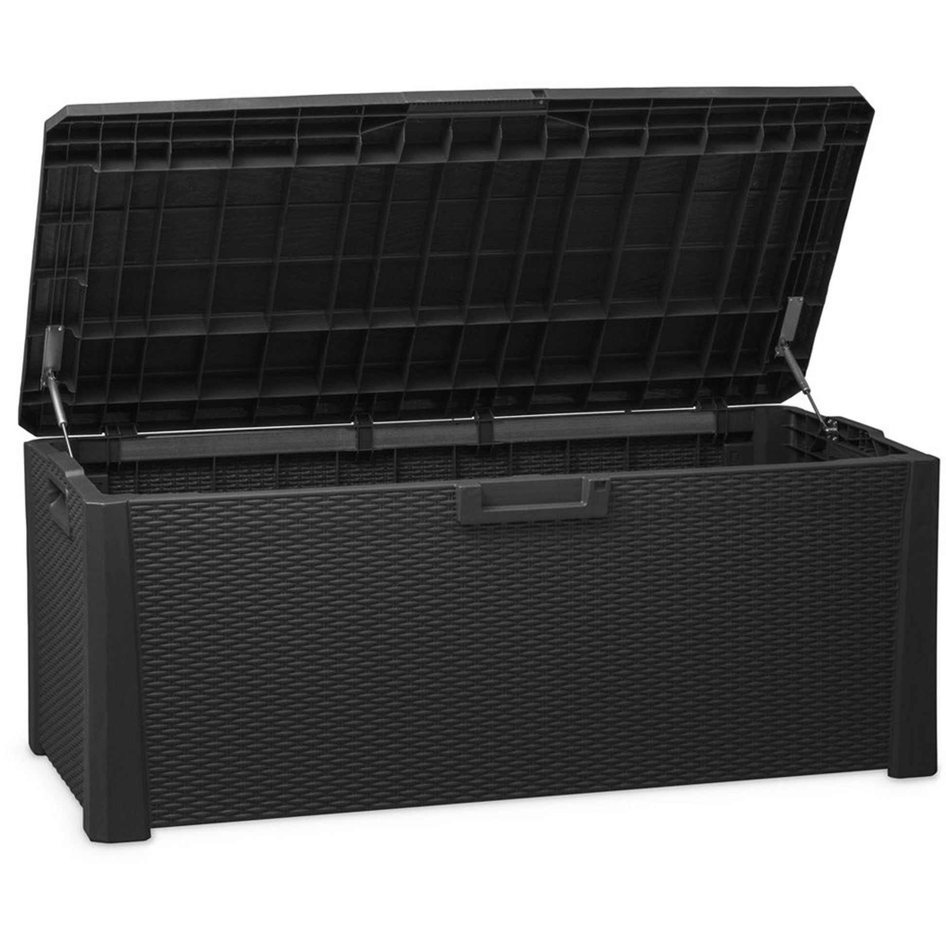 Black storage box with open lid on a white background