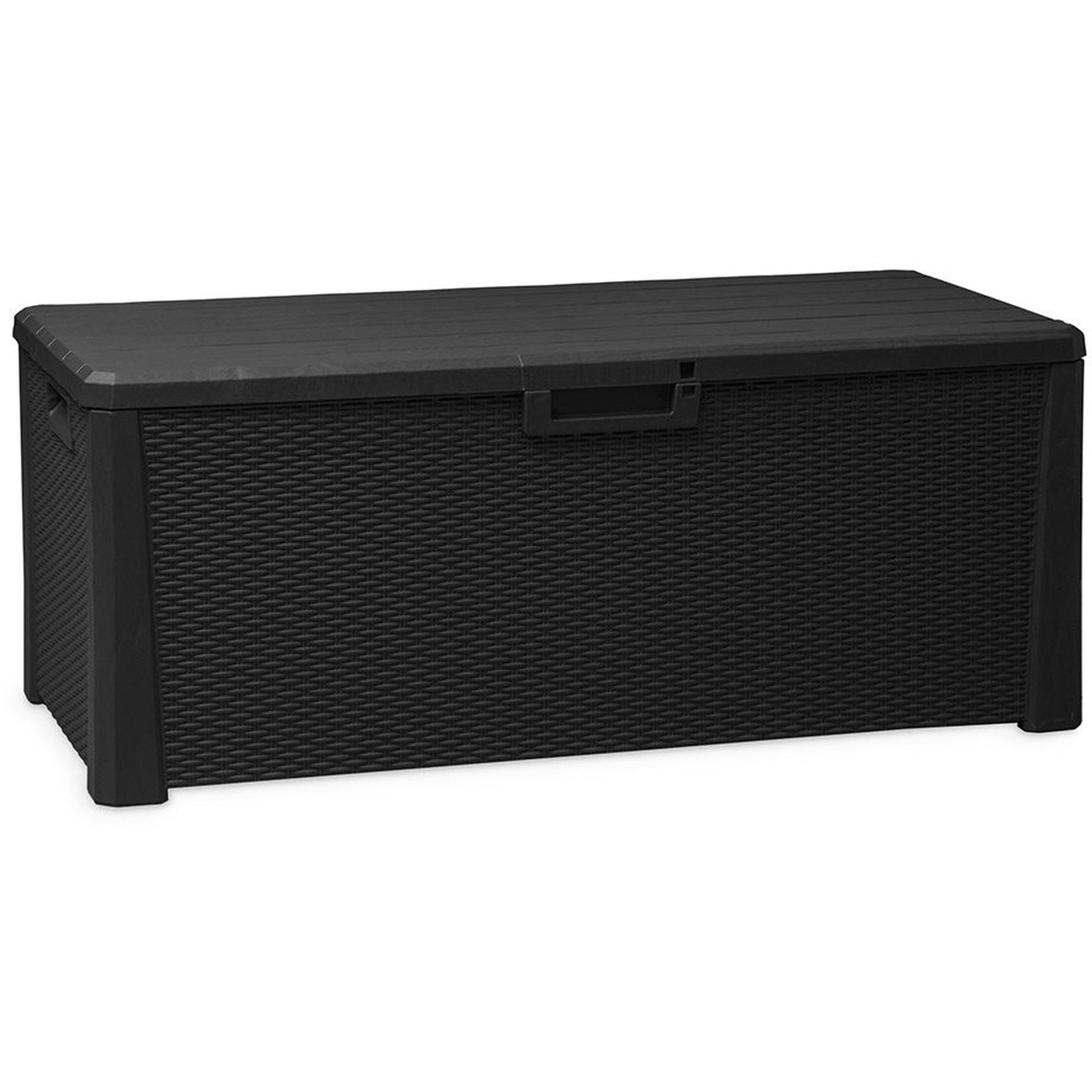Black storage bench with wicker design on a white background