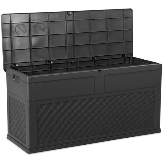 Black storage box with a lid on a white background