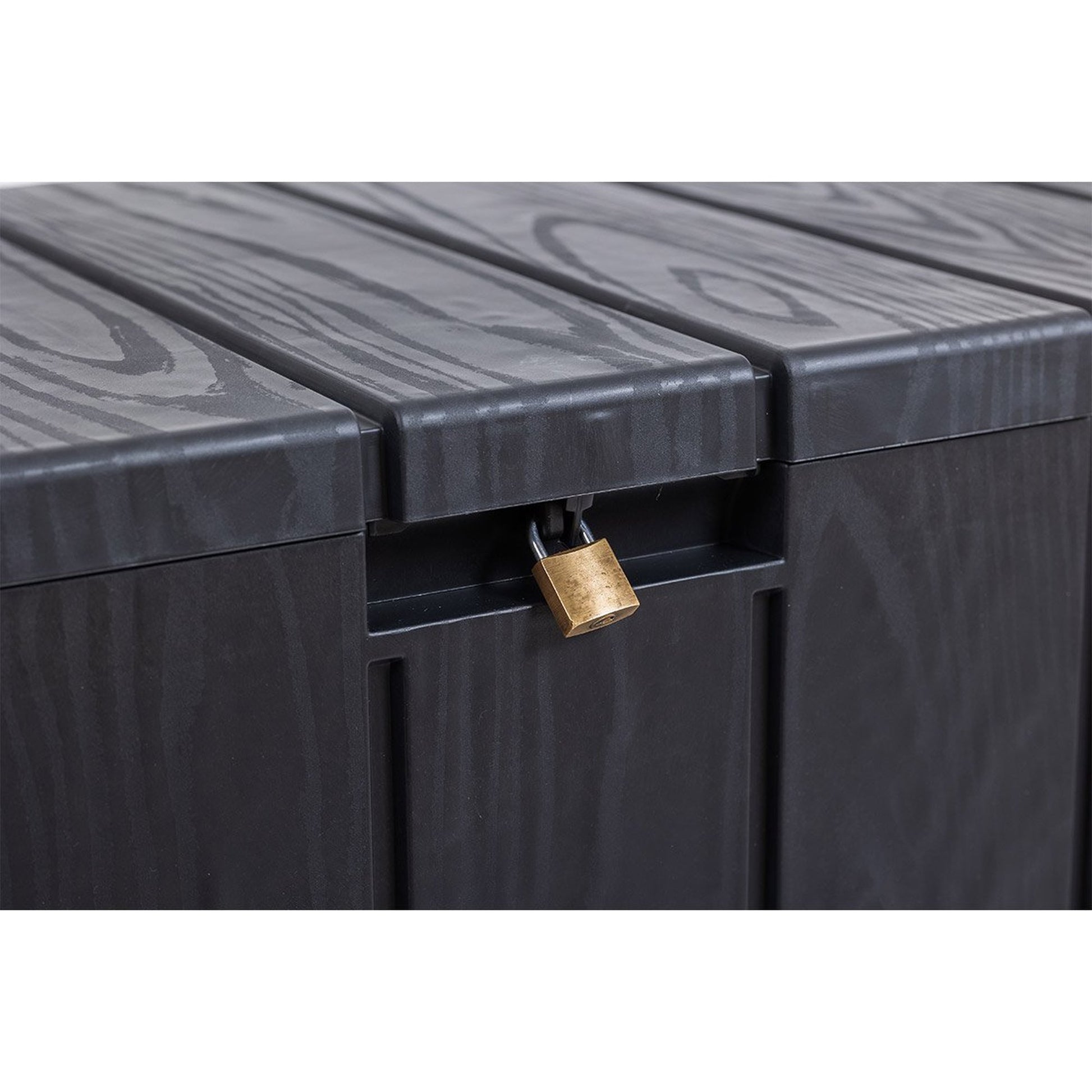 Black storage box with a gold lock on a white background