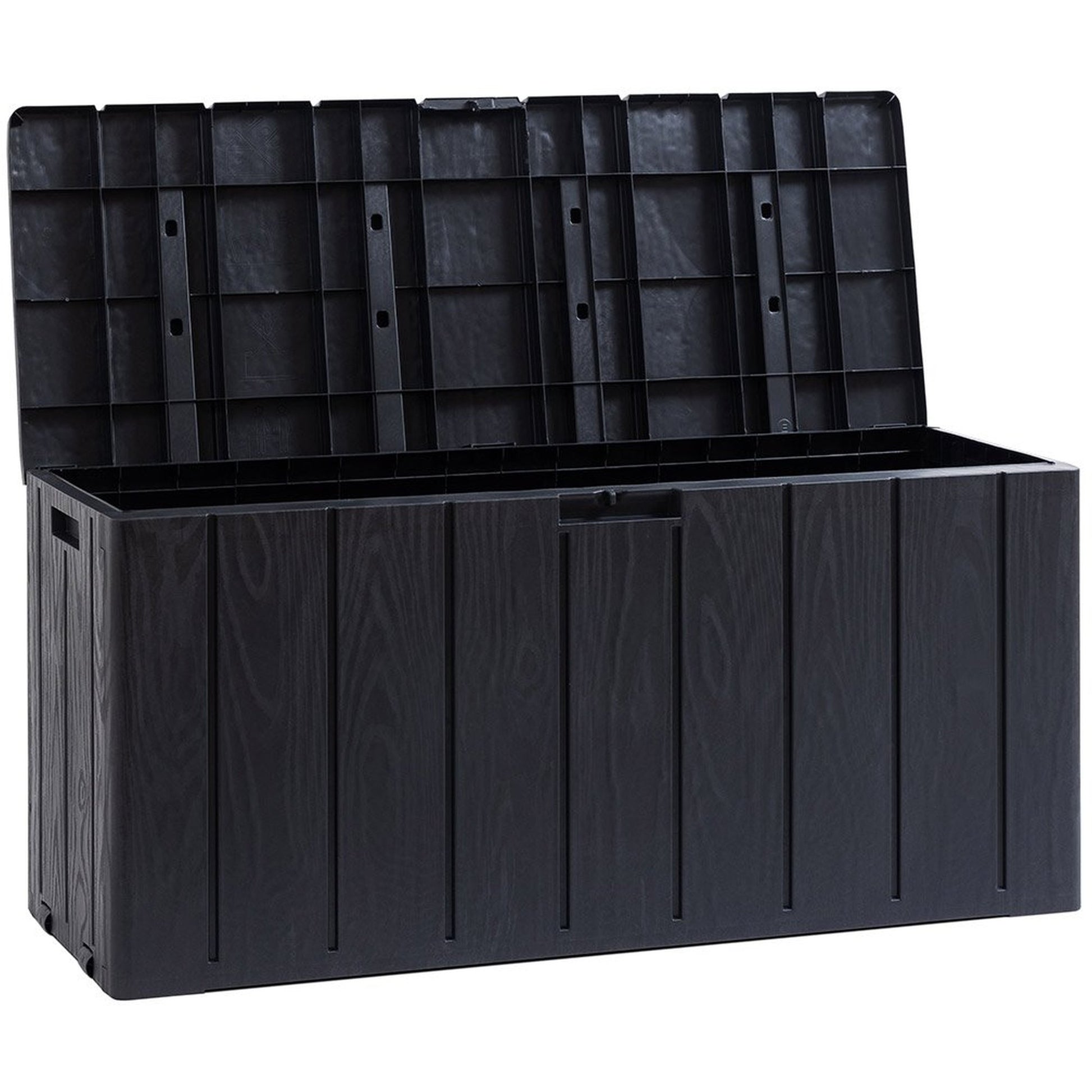 Black plastic storage box with lid on a white background