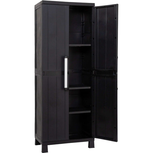 Black storage cabinet with open doors on a white background