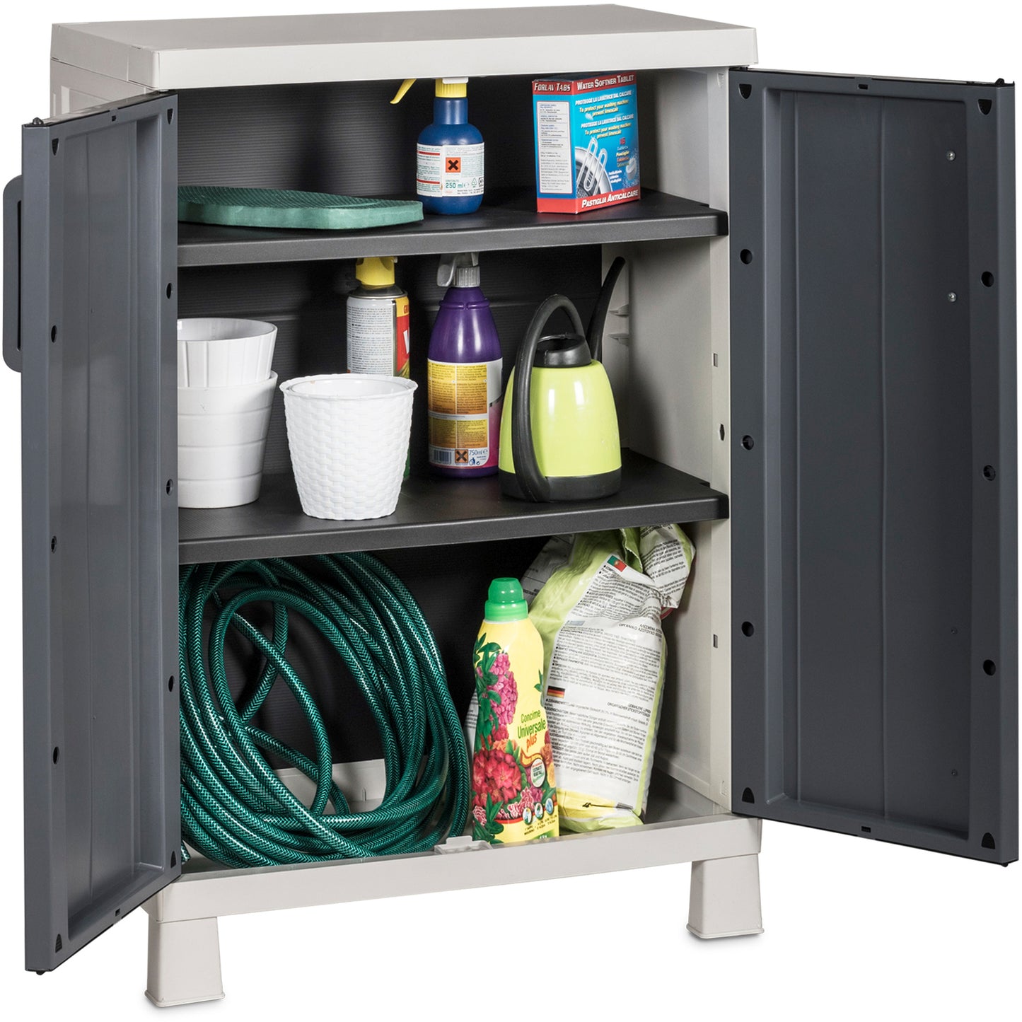 Storage cabinet with open doors showing gardening supplies inside