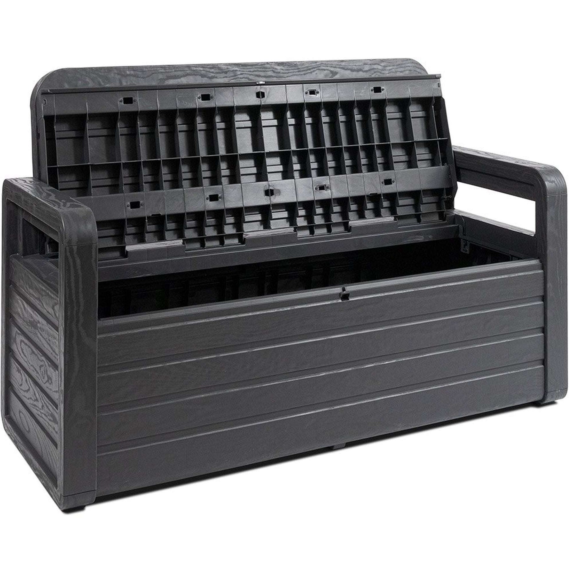 Black storage bench with open lid showing compartments on a white background