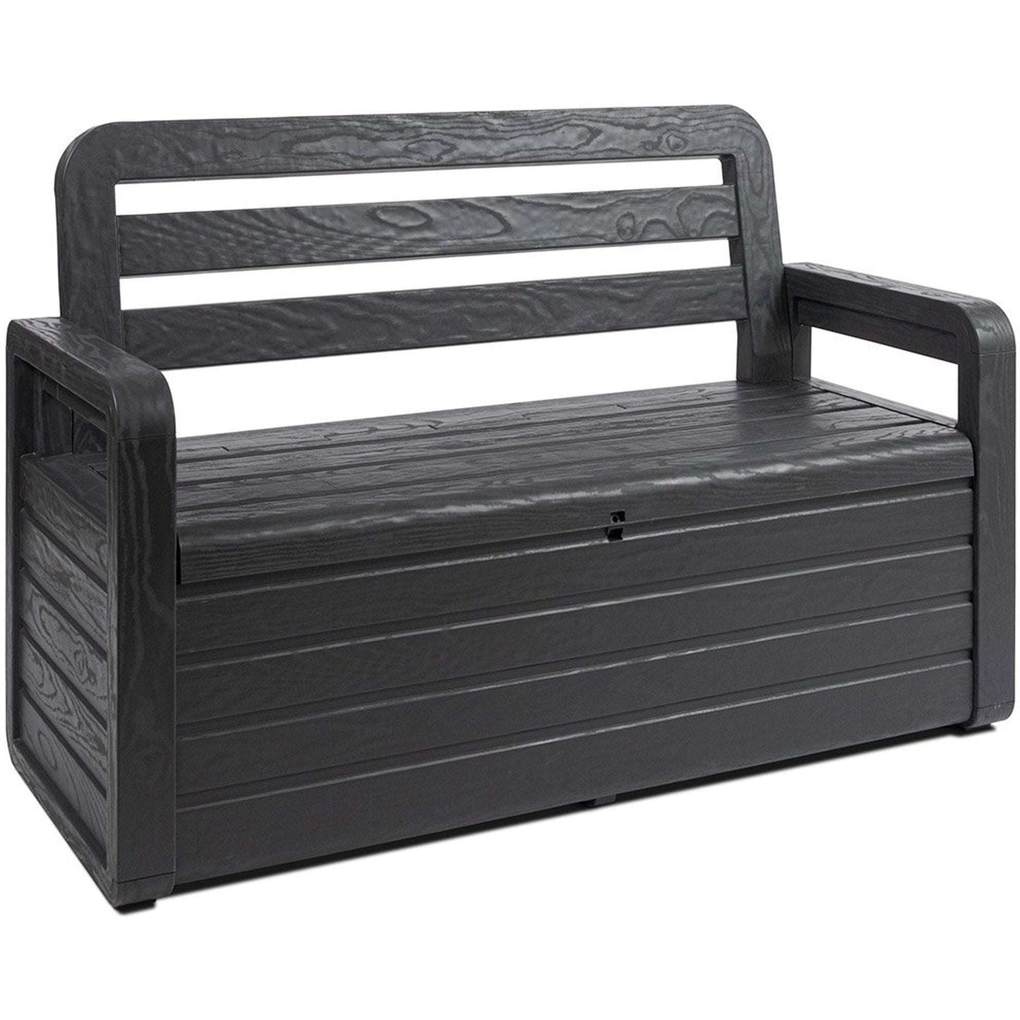 Black outdoor bench with storage compartment on a white background