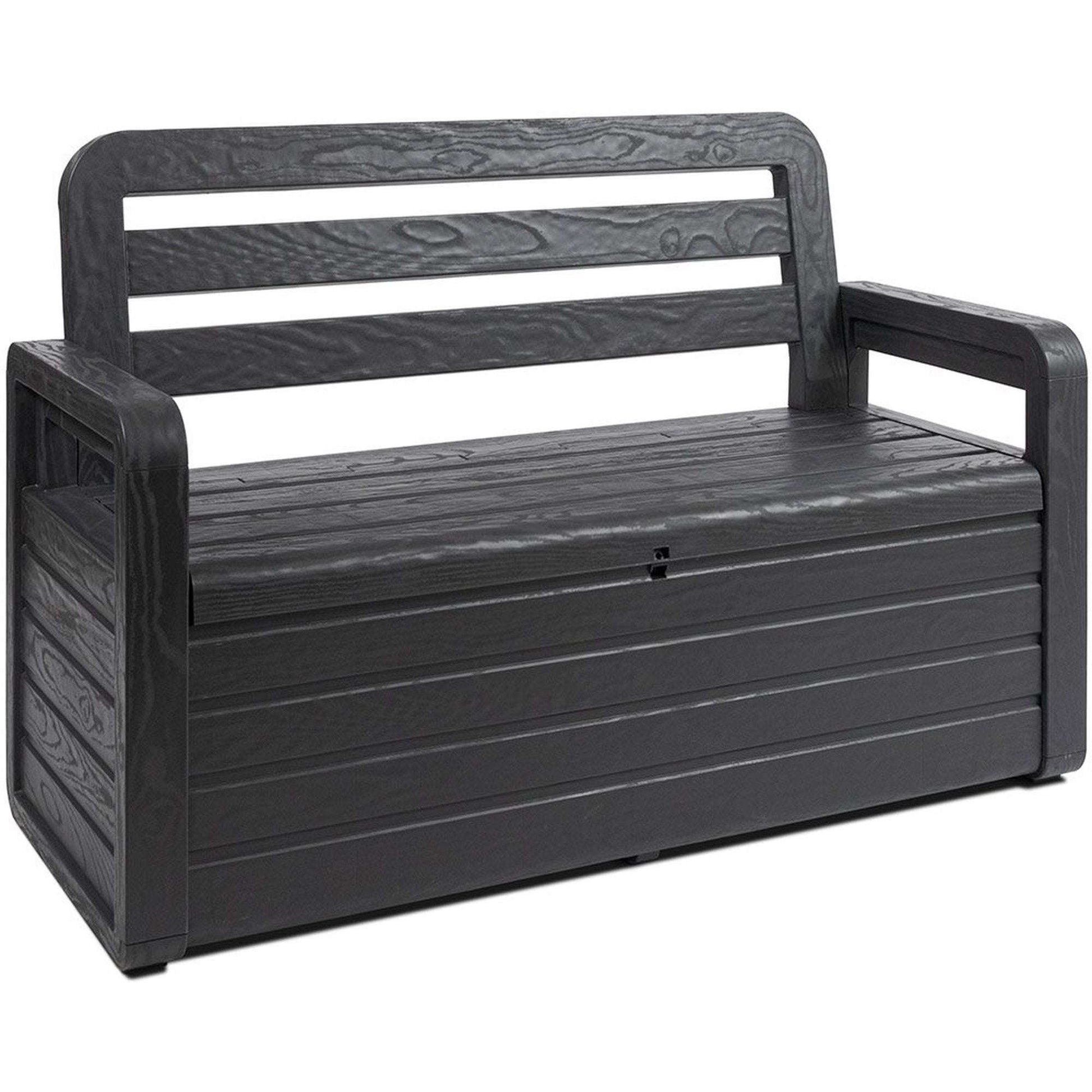 Black outdoor bench with storage compartment on a white background