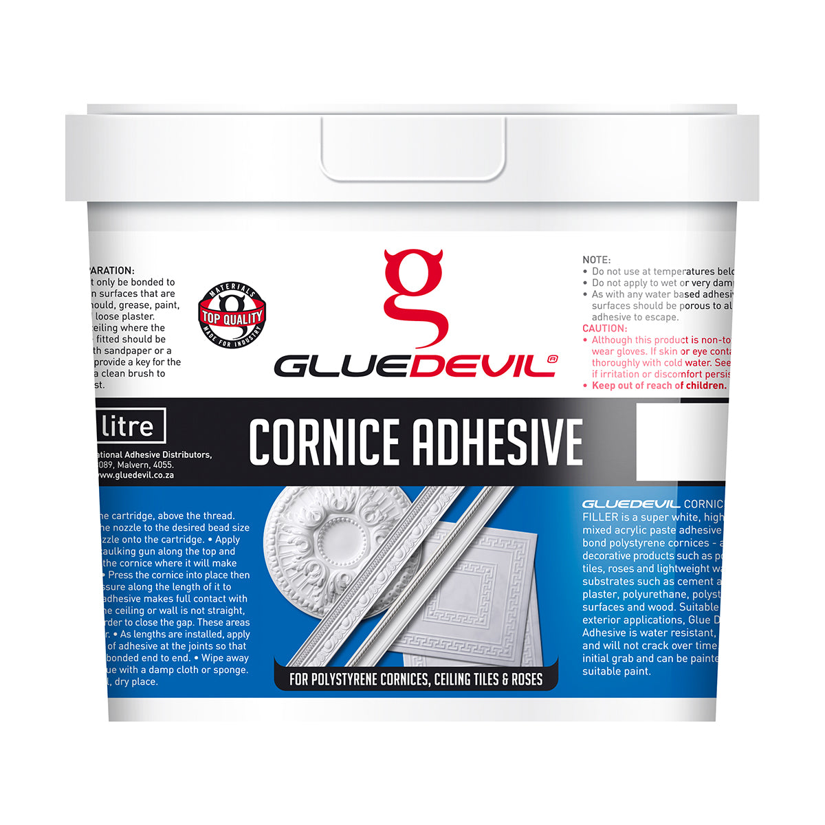Glue Devil Cornice Adhesive container with branding and product details on a white background