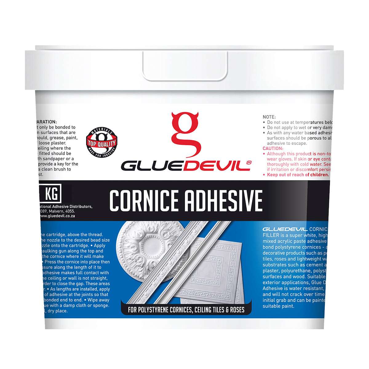 Glue Devil cornice adhesive container with label on a white background