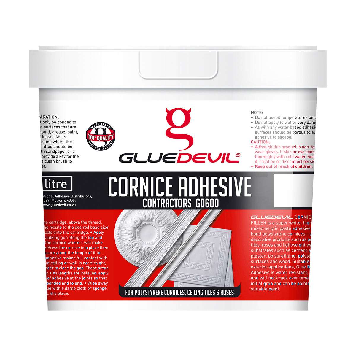 Glue Devil Cornice Adhesive container with branding and product details on a white background