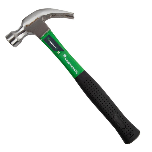 A Kaufmann fibreglass claw hammer with a carbon steel head and a green and black handle with a rubber grip.