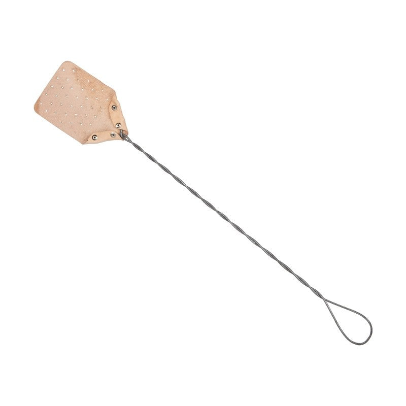 Fly swatter with a beige leather pad on a white background