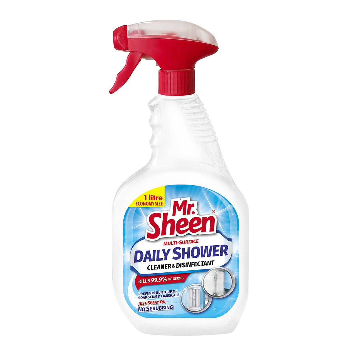 A bottle of Mr Sheen Multi-Surface Cleaner & Disinfectant Shower, with a red spray nozzle and a label that includes the product name and description.