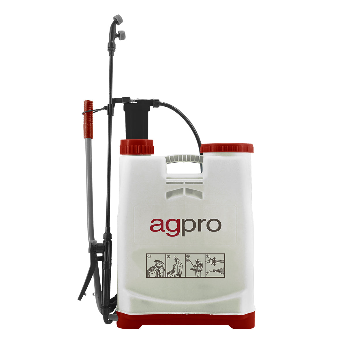 White and red backpack sprayer with 'agpro' branding on a white background