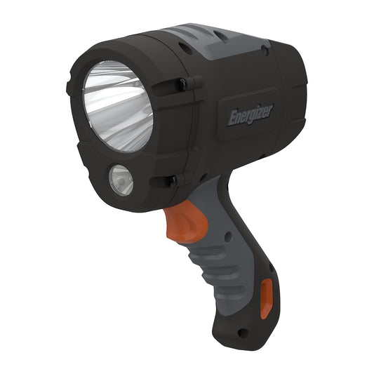 Black and gray Energizer flashlight on a white background
