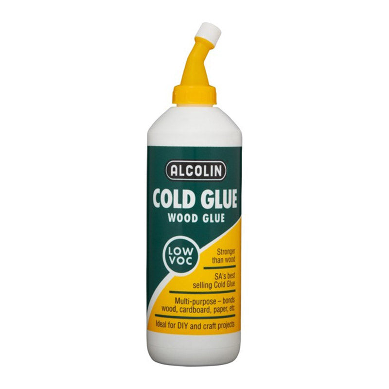 Alcolin cold glue bottle with yellow nozzle on a white background