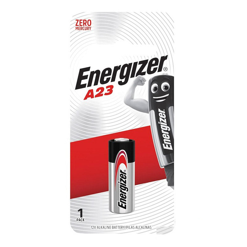 Packaging for Energizer Alkaline A23 batteries, featuring a single battery on the front with the Energizer logo and a cartoon character on the side.