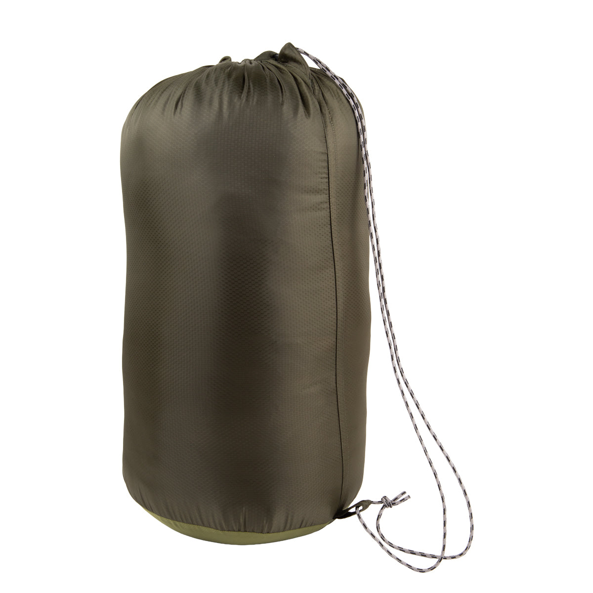 Olive green sack with drawstring on a white background