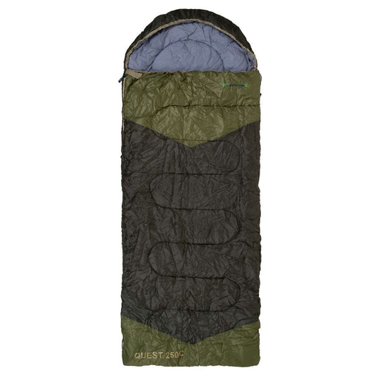 Green and black sleeping bag with 'Quest' branding on a white background