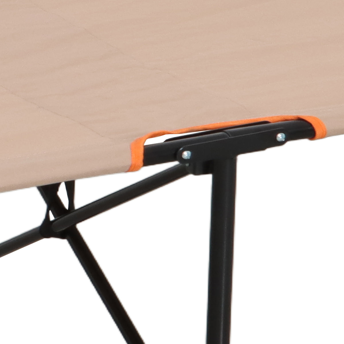 Beige camping cot with black legs and orange accents on a white background