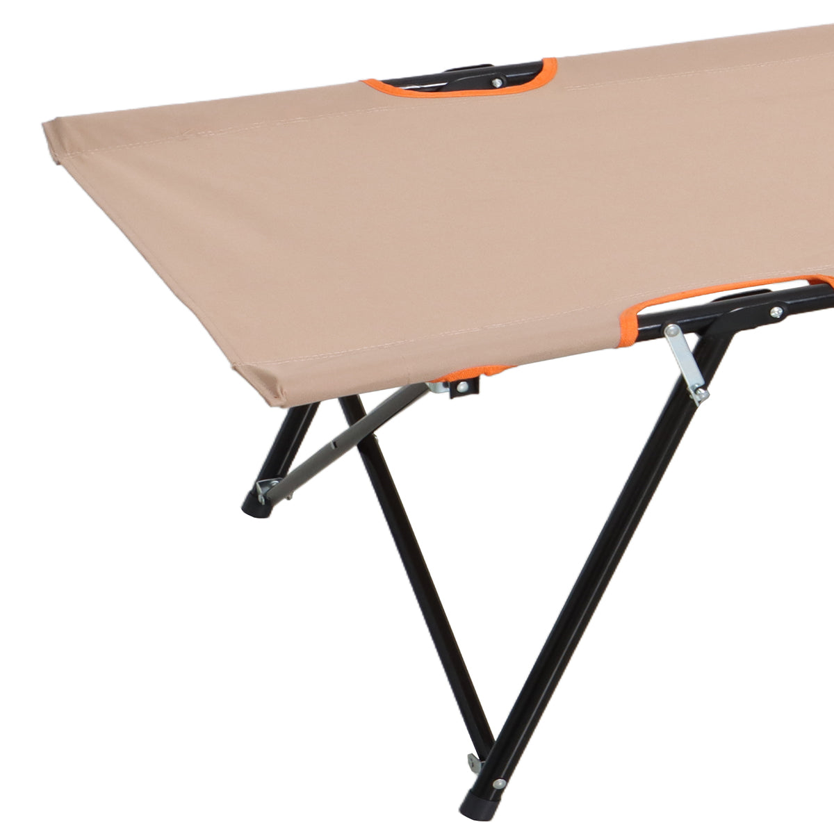 Beige camping cot with black legs and orange accents on a white background