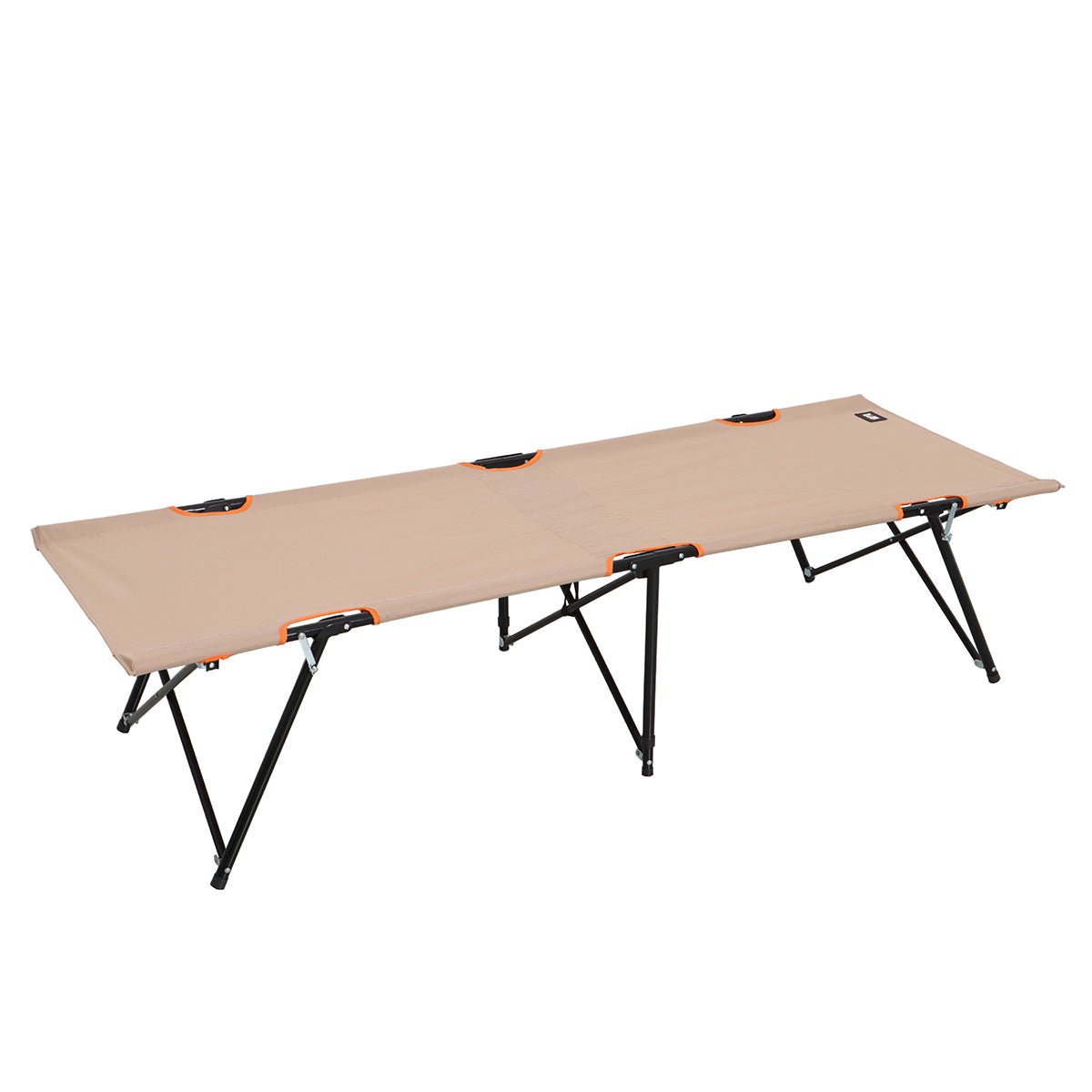 Beige camping cot with black legs and orange accents on a white background