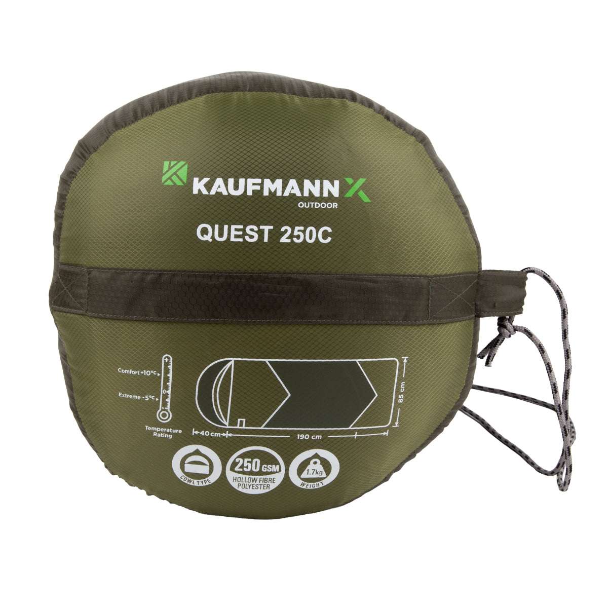 Green camping tent with 'Kaufmann X' branding on a white background
