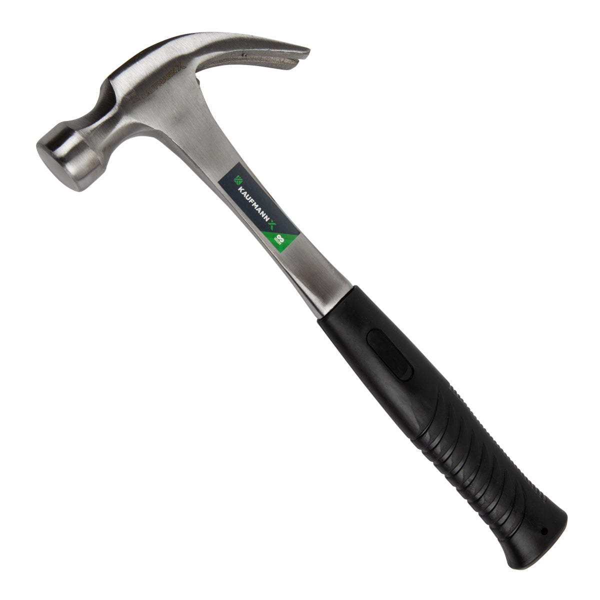 A Kaufmann steel claw hammer with a solid steel shaft and a rubber grip handle.