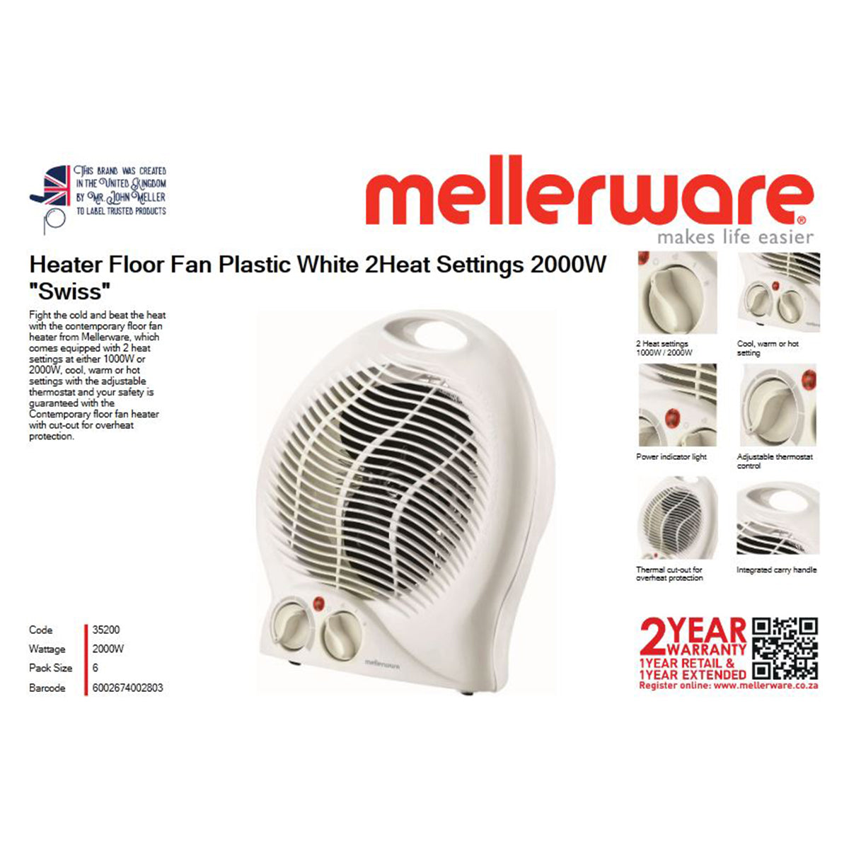 MELLERWARE FLOOR HEATER 2 SETTINGS 2000W WHITE