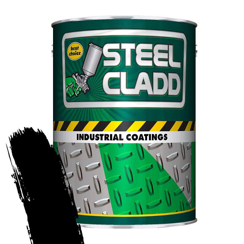 Can of Steel Cladd industrial coatings with green and gray design on a white background
